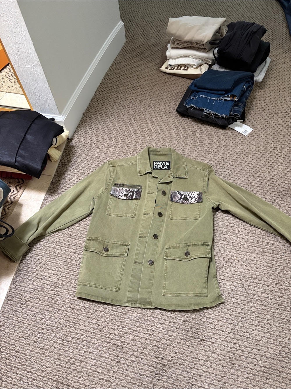 Pam & Gela Olive Military Jacket with Snake-Print Pocket Flaps